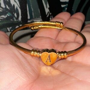 letter A initial adjustable bangle cuff 14kt gold plated with heart
